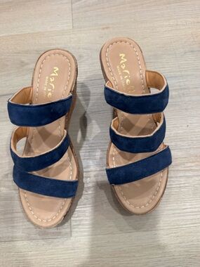 Mariela  Navy Suede Triple-Strap Wedge Sandals with Tan Insole